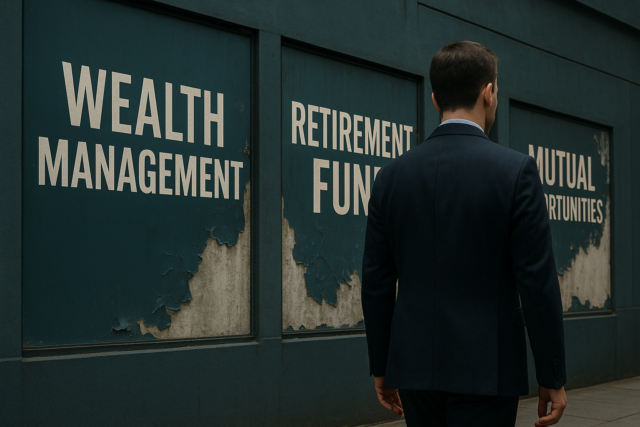 A confident investor (seen from behind) walking past giant billboards for “Wealth Management,” “Retirement Fund,” and “Mutual Opportunities” — all fading or peeling away, symbolizing the illusion.
