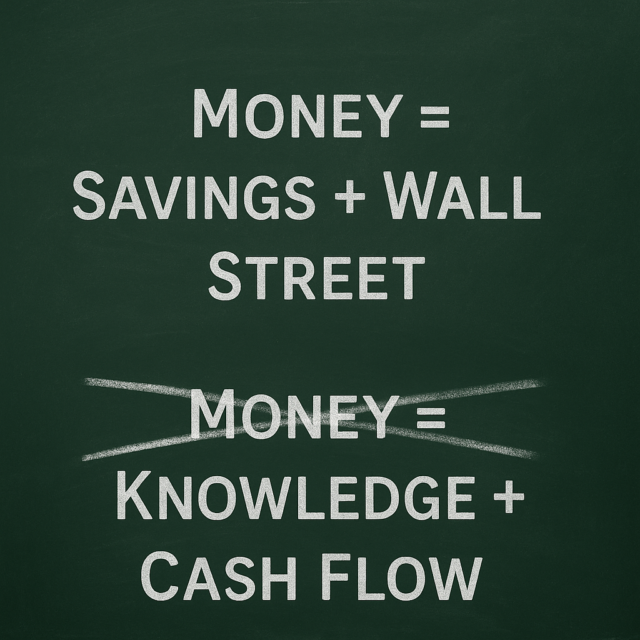 A chalkboard with the phrase “Money = Savings + Wall Street” crossed out, replaced with “Money = Knowledge + Cash Flow.”
